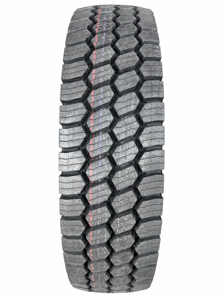 Close view of commercial tire tread blocks and grooves