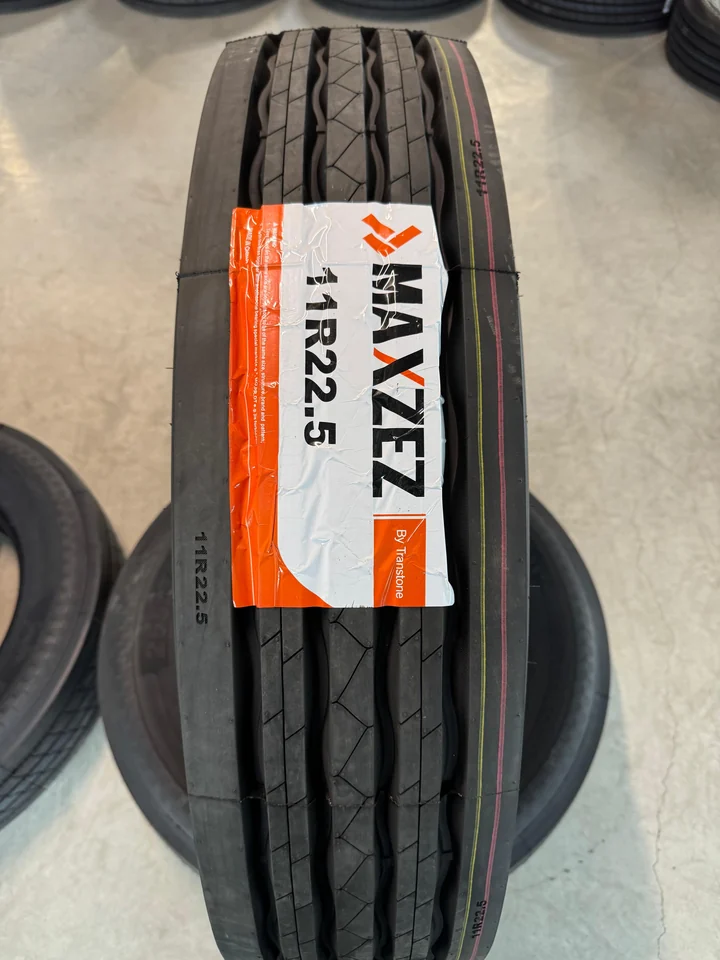 Commercial tire showing its tread and sidewall